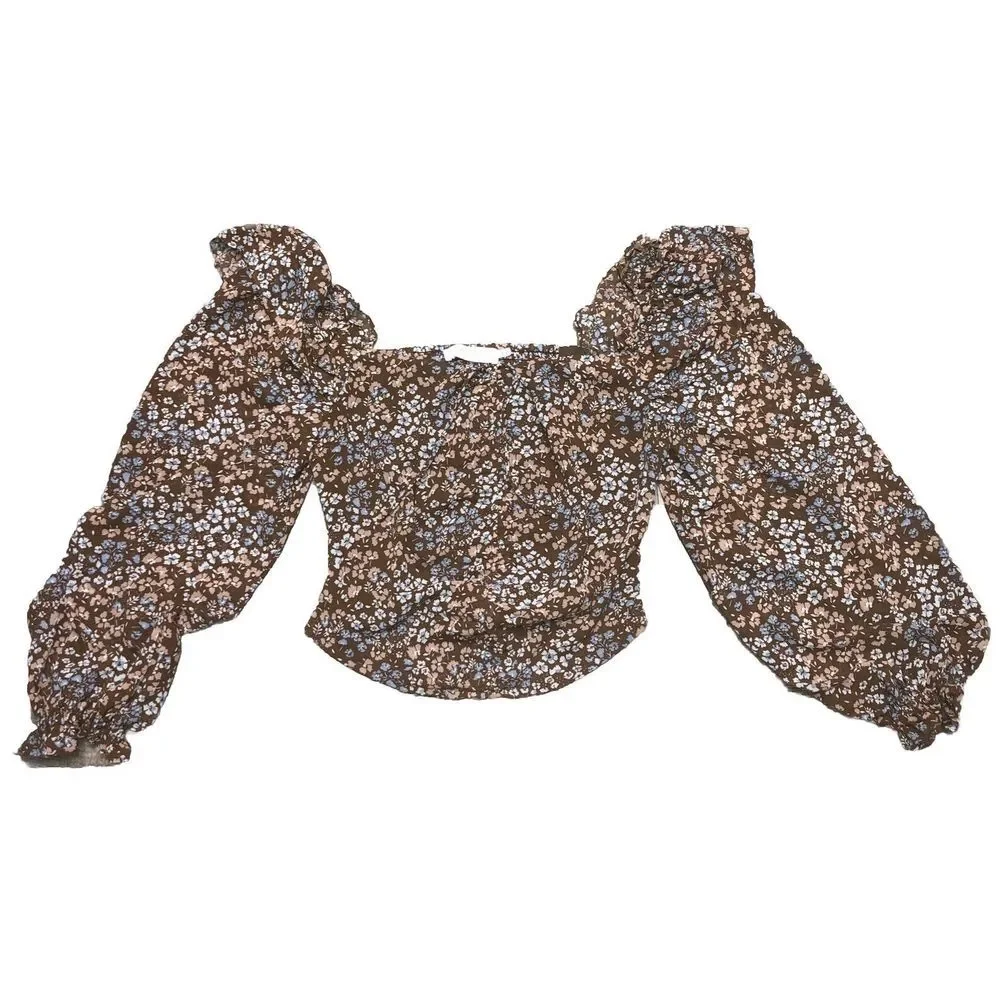 ASTR The Label Top Women's‎ M Brown Floral Puff Sleeve Peasant Ruffle Smocked